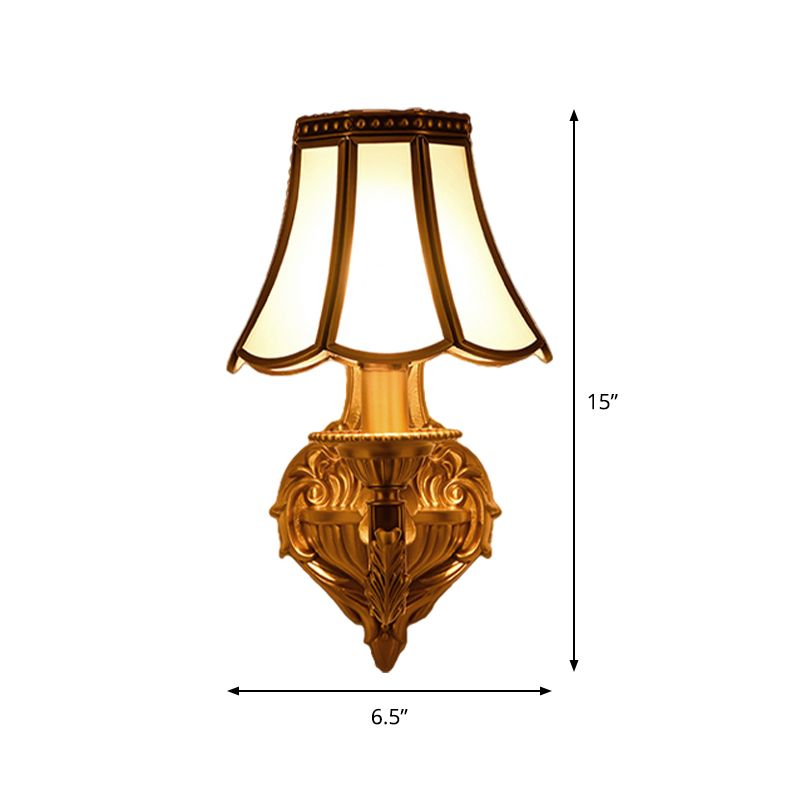 Flared Frosted Glass Wall Sconce Traditional 1/2 Lights White Wall Mounted Lamp with Curly Gold Arm