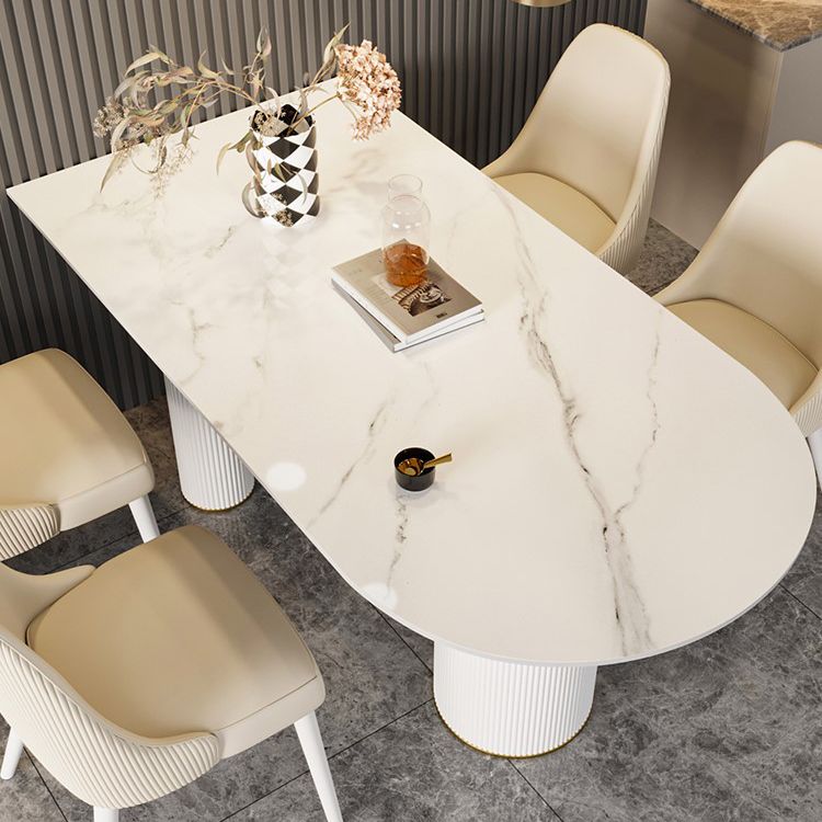 Traditional Luxury Dining Table Stone and Metal White Base Double Pedestal Table
