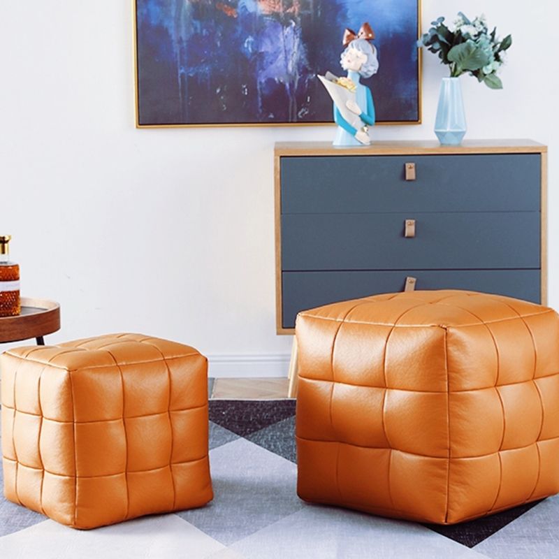 Contemporary Pouf Ottoman Genuine Leather Upholstered Tufted Square Ottoman