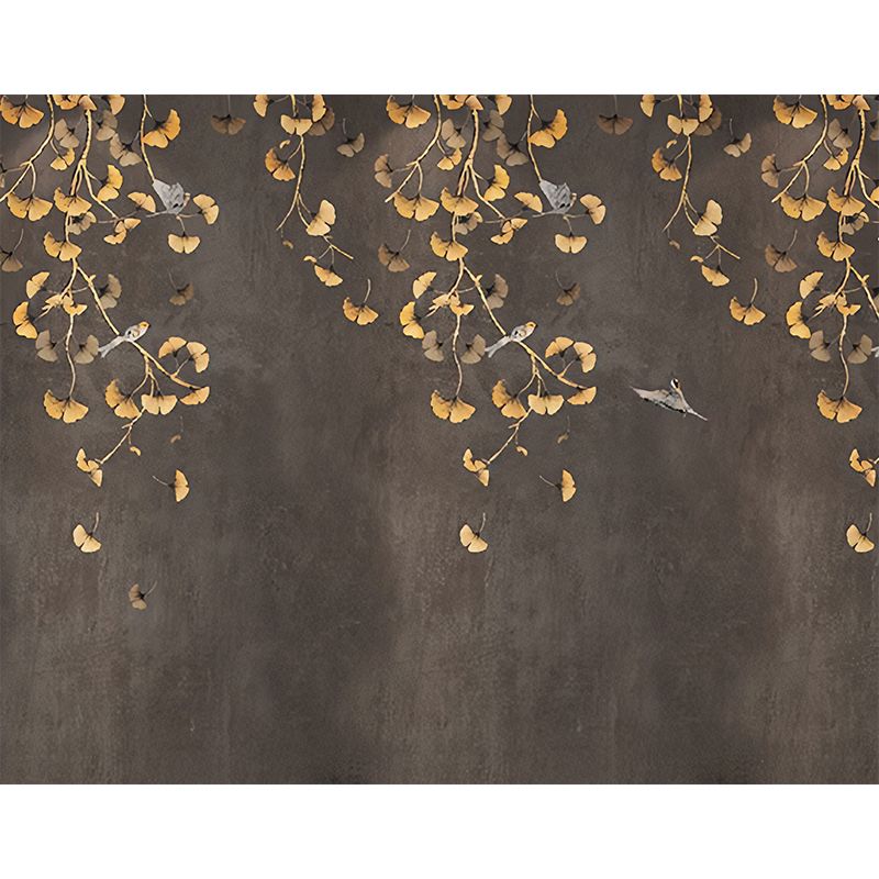 Ginkgo Mural Wallpaper in Gold and Brown, Traditional Wall Covering for Living Room