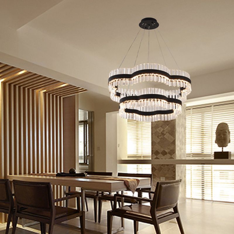 1/2 Tiers Flower Living Room Ceiling Chandelier Crystal 23.5"/31.5" Wide Led Minimalist Hanging Light Kit in Black/Gold