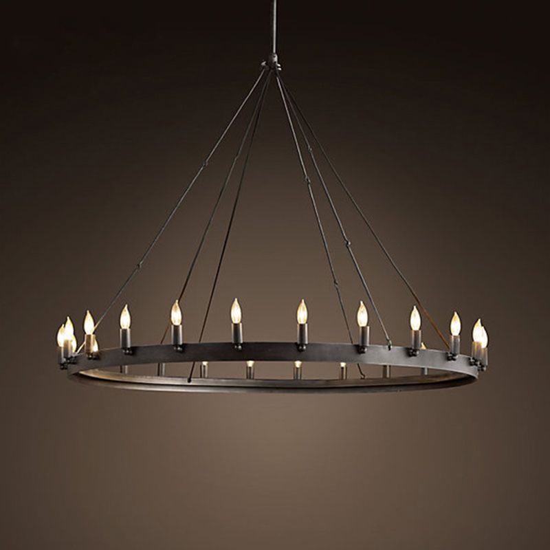 12/18 Lights Circle Chandelier Industrial Black Iron Hanging Lamp Kit with Bare Bulb Design