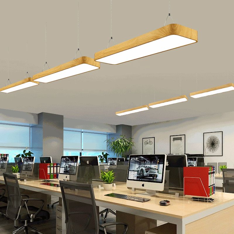 Rectangular Aluminum Drop Pendant Nordic Wood Finish LED Hanging Light for Office