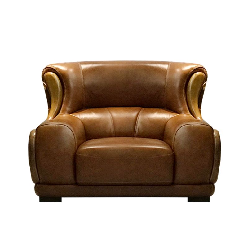 Genuine Leather Round Arm Sectionals Dark Brown 36.61"High Cushion Back Sofa