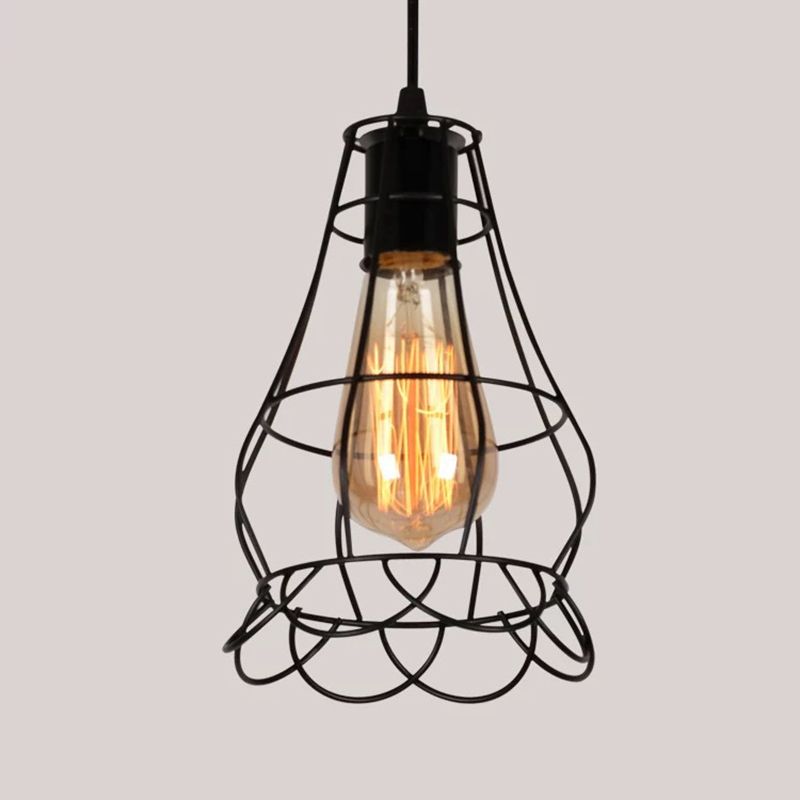 Black Caged Pendant Lighting Industrial Metal 1-Light Restaurant Suspension Light