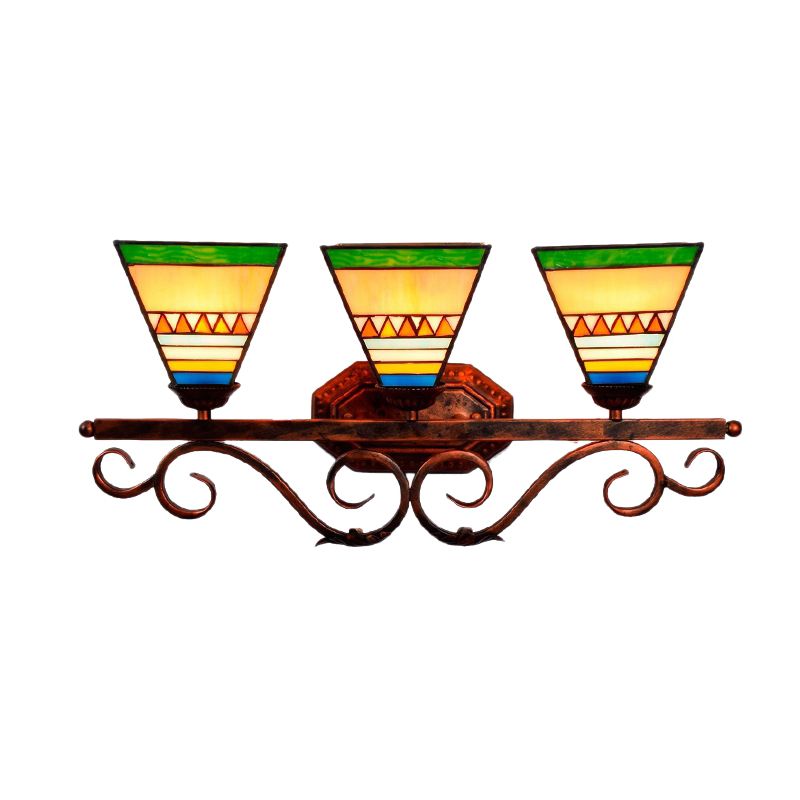 Bell/Pyramid Shaped Wall Light Fixture Mission Stained Glass 3 Heads Blue/Green Vanity Lighting