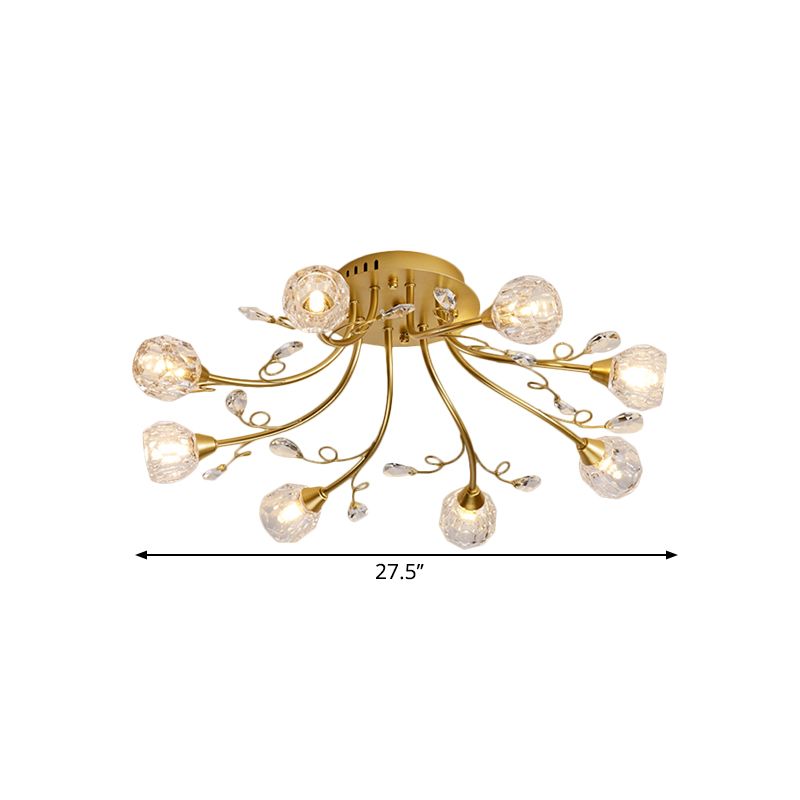 Gold Spherical Ceiling Light Simple Style 8 Bulbs Crystal Prisms Semi Mount Lighting with Scroll Arm