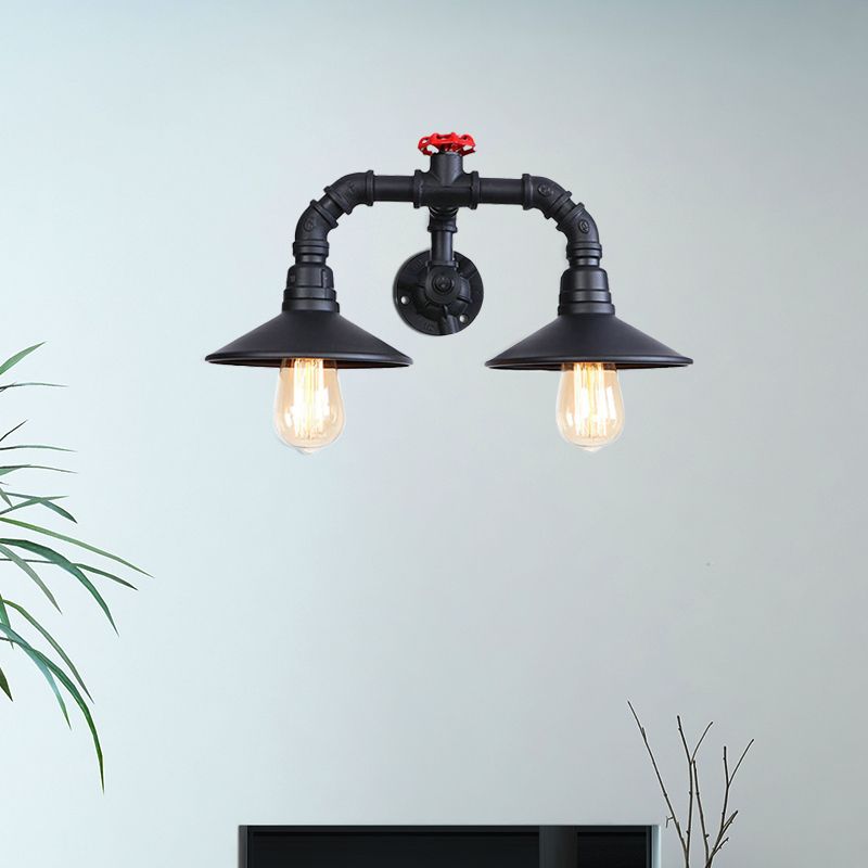Black Plumbing Pipe Wall Lighting with Red Valve Rustic Industrial Metallic 2 Light Stairway Wall Sconce Light