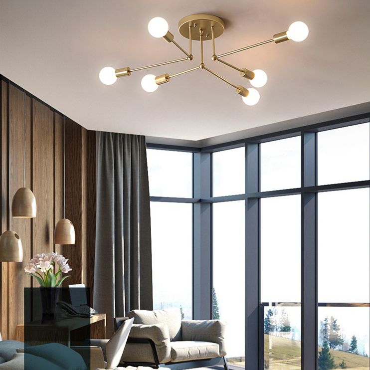 Sputnik Metal Semi Flush Ceiling Light in Industrial Vintage Style Bare Bulb Indoor Ceiling Light