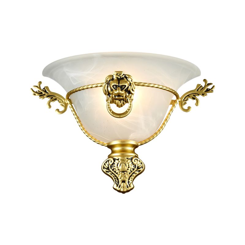 1 Bulb Trumpet Wall Lamp Colonialist Opal Glass Sconce Light Fixture with Copper/Brass Lion Metal Deco for Bedside