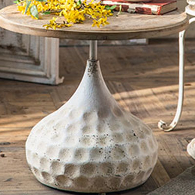 French Country Wood Round Top Side Table Distressed Iron Base End Table