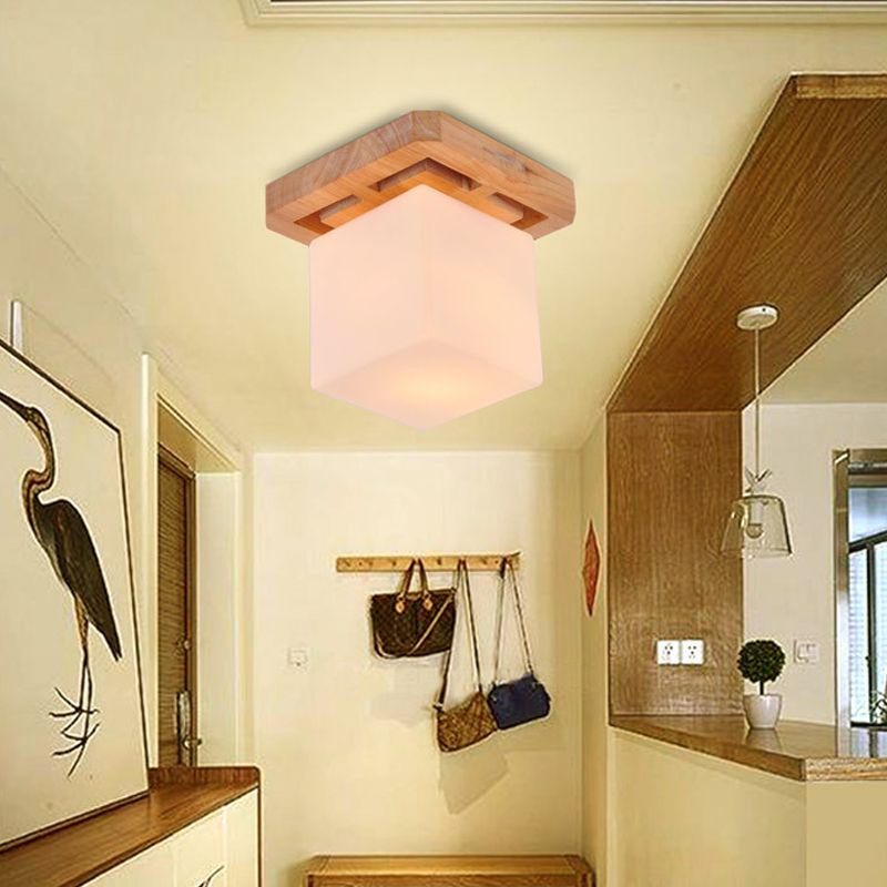 Cube Flush Mount Minimalist Milk Glass Beige LED Flush Mount Lamp with Wood Canopy