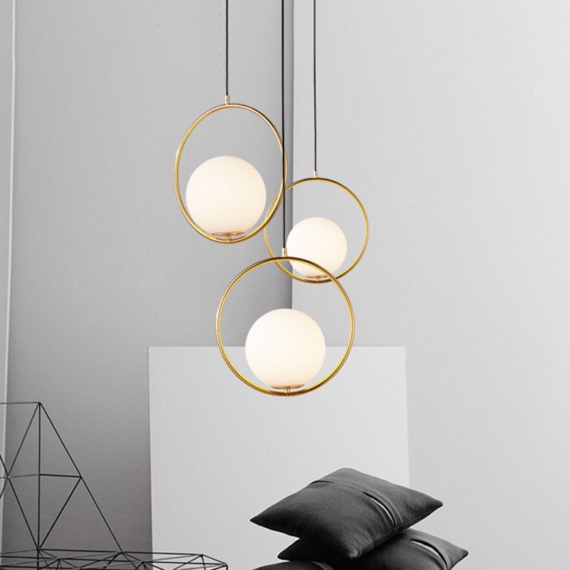 Sfera nera/oro Lampada sospesa Postmoderna Single glassata in vetro bianco Apparecchiatura a sospensione ad anelli a sospensione, 10 "/12"/14 "W
