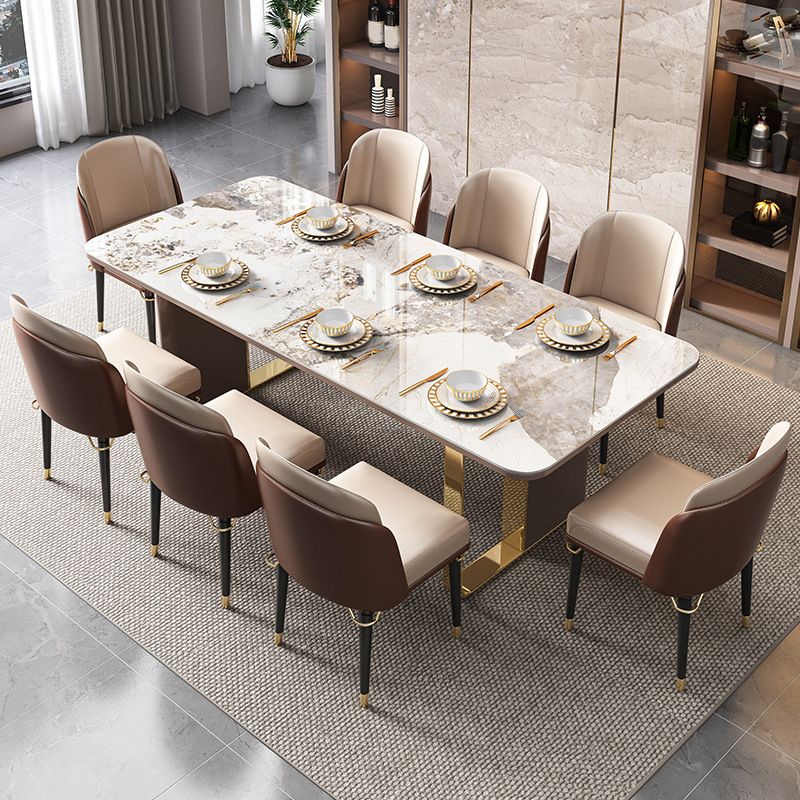 Glam Dinette Set with Leather Chairs 1/2/5/6/7/9 Pcs Glossy Beige Dining Table Set