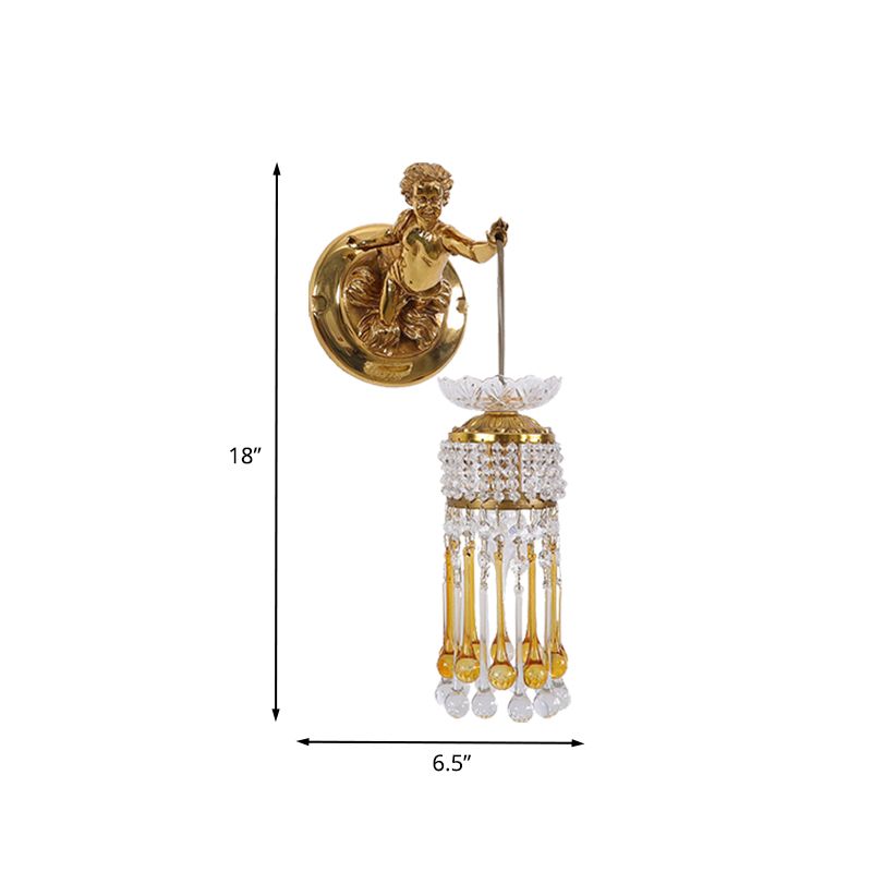 Lampe murale du salon en larme traditionaliste et verre ambre 1 lumière murale en laiton en laiton avec cristal et conception d'ange