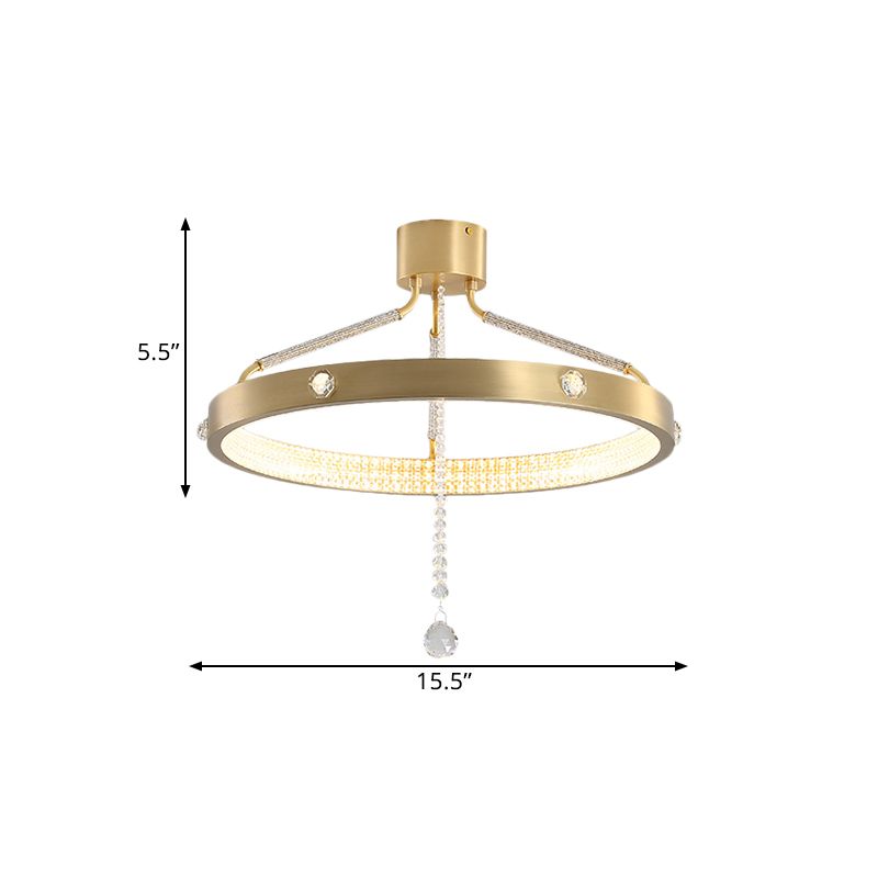 19.5"/15.5" Wide LED Semi Flush Mount Contemporary Ring Metal Ceiling Lighting in Gold with Crystal Strand