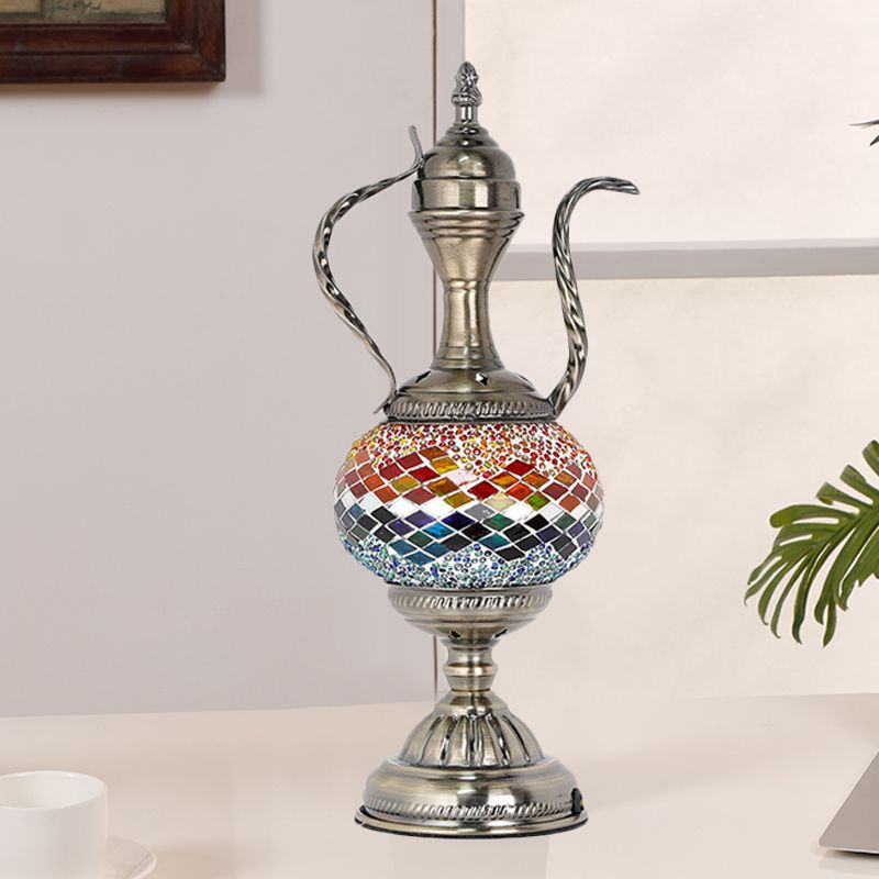 Vintage Teapot Shaped Night Table Lamp 1 Bulb Pink/Purple/Blue and Purple Stained Glass Nightstand Light for Bedroom