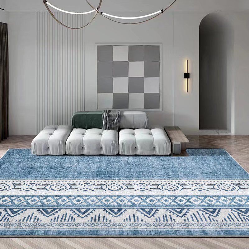 Light Blue Pattern Rug Modern Polyester Area Rug Stain Resistant Rug for Living Room