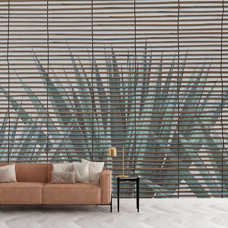 Custom Illustration Tropix Mural Wallpaper with Pleated Shades and Aloe Vera Pattern in Green