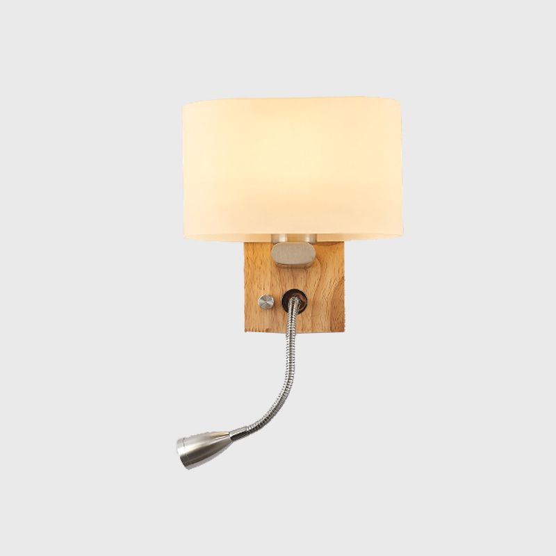 Modern Creative 2-Light Wall Sconce Wooden Geometric Wall Lamp with White Glass Shade