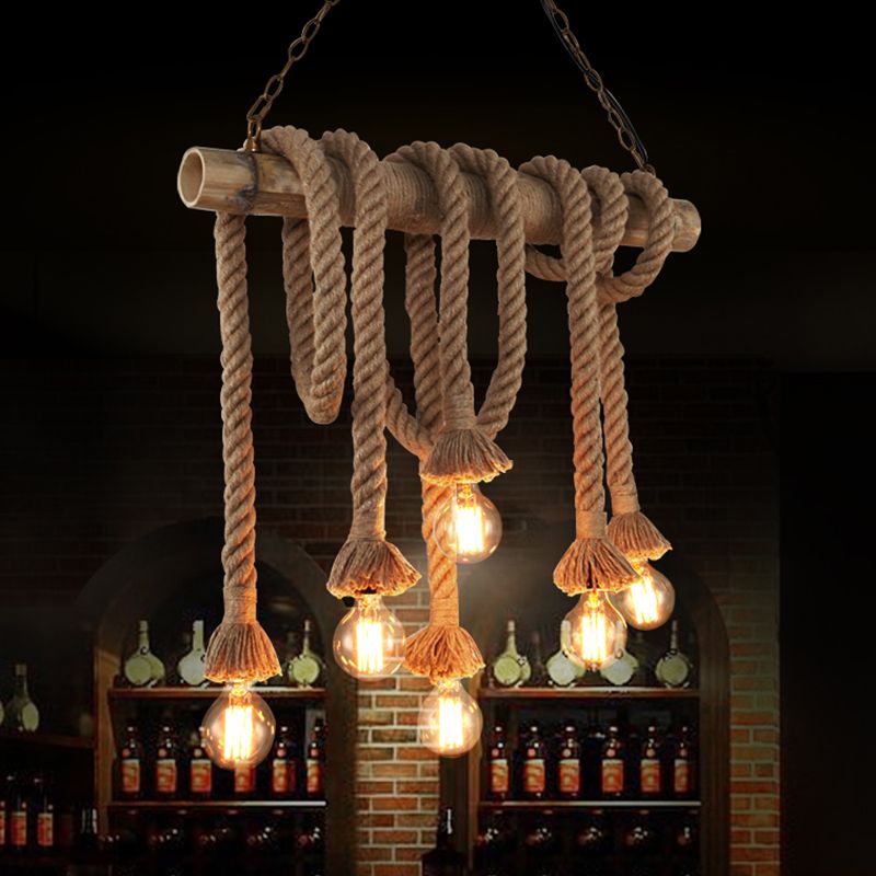 Industrial Dangling Pendant Light Hemp Rope Hanging Island Light with Bamboo Tube in Flaxen