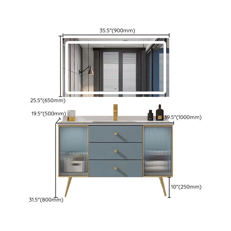 Freestanding Bathroom Vanity Blue Wood Frame Single Sink Rectangular Vanity with 3 Drawers