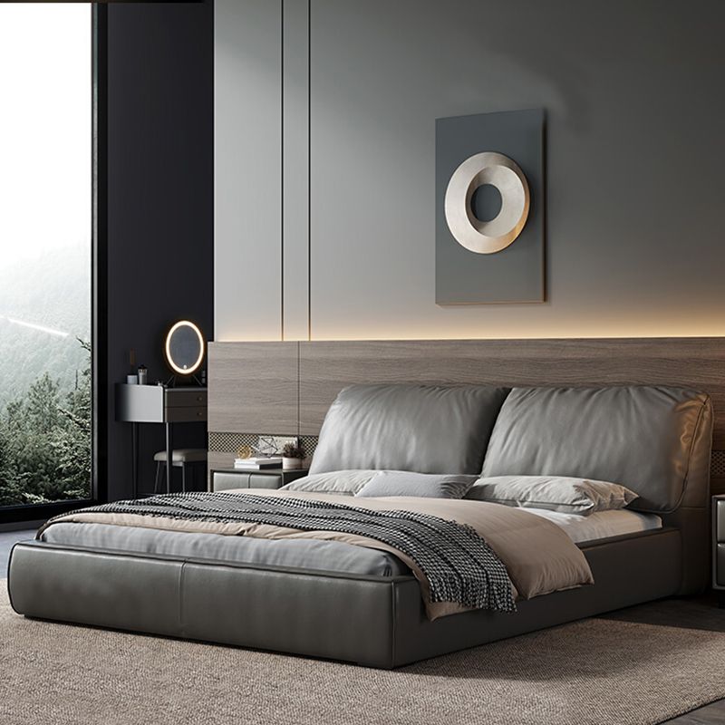 Glam Grey Bed Frame Pine Wood Upholstered Headboard Standard Bed Solid Color