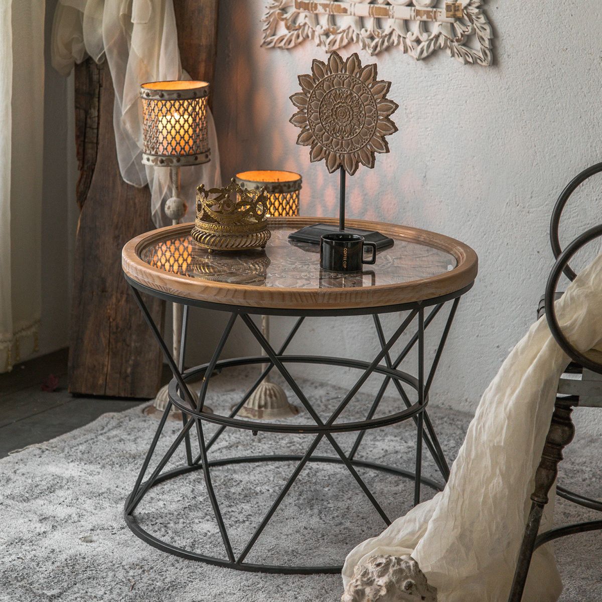 Frame French Country Round Coffee Table Distressed Wood Cocktail Table
