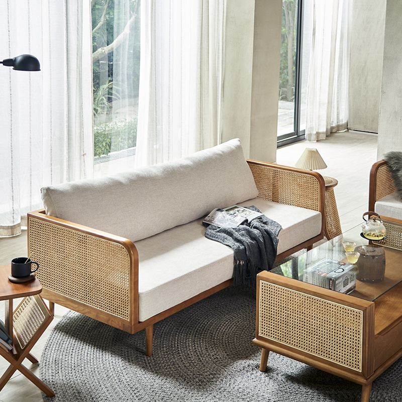 25.59" High Linen Sofa White Tuxedo Arm Sofa with Loose Back in Solid Wood