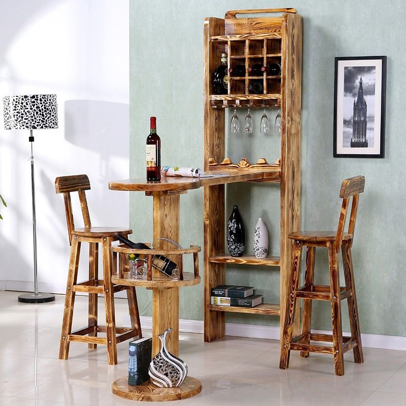 Brown Pine Wood Bistro Table with Wine Holder Pub Table for Home