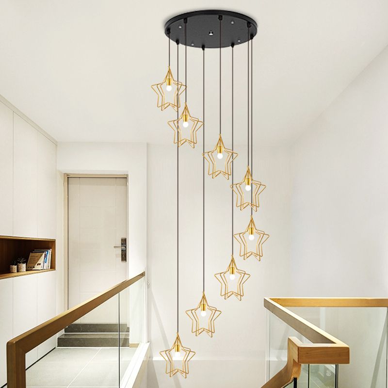 Gold Spiral Star Multi Ceiling Lamp Simplicity 8 Bulbs Metallic Suspension Light Fixture for Entryway