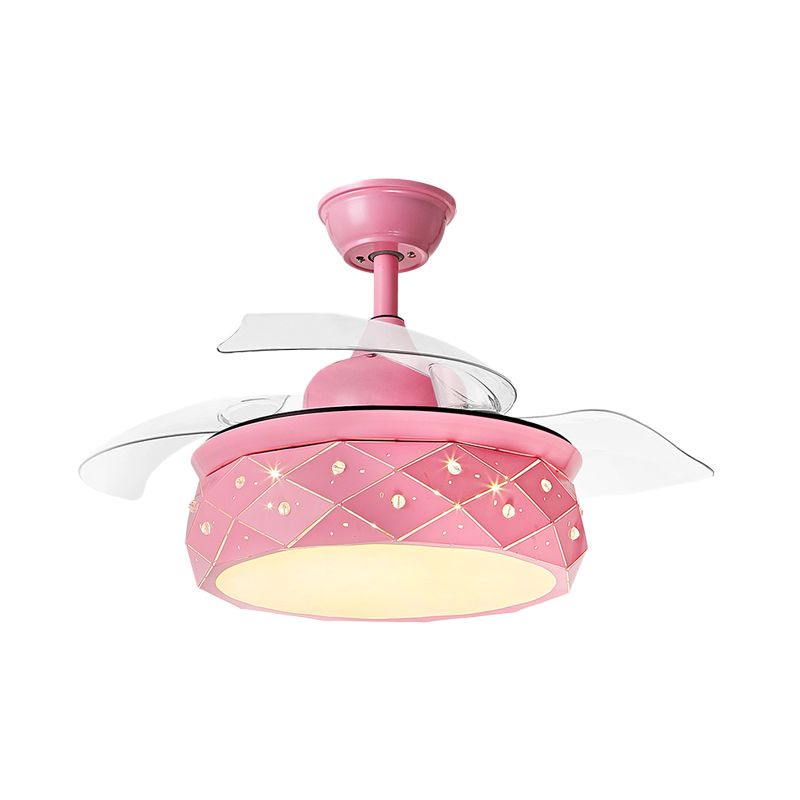 3 cuchillas Lámpara de iluminación de ventilador colgante de tambor metálico 42 "W LED Semi Flush Lámpara en rosa/azul con tono acrílico, control remoto/pared y control remoto