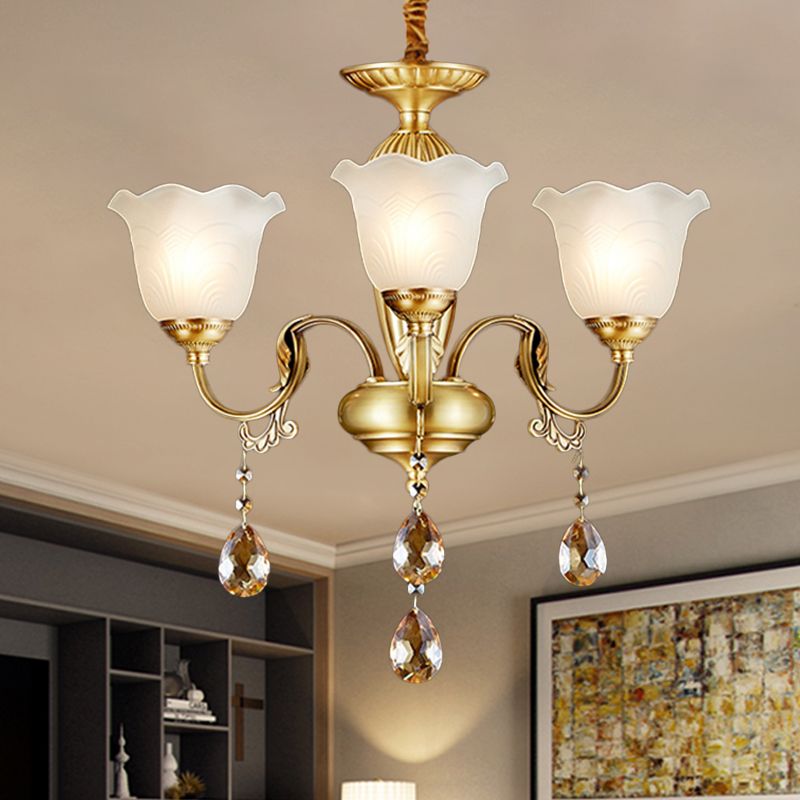 3/5 Bulbes Scrolls Lampe suspendue traditionnelle Gol Crystal Floral Shade Chandelier avec gouttes en verre transparent