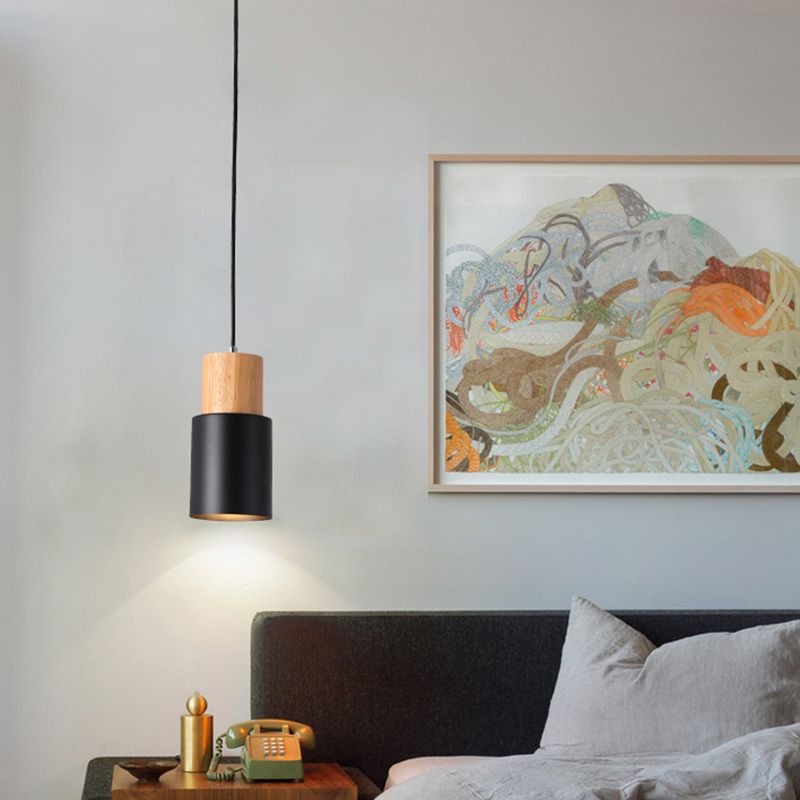 Tubular Bedside Pendant Spotlight Metal 1-Light Minimalist Hanging Lamp with Wooden Top