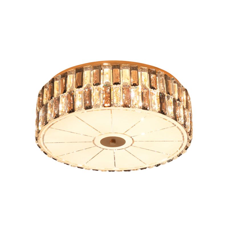9-Bulb K9 Crystal Flush Light Simple Gold Drum Bedroom Flush Mount Lamp in Gold with Glass Diffuser