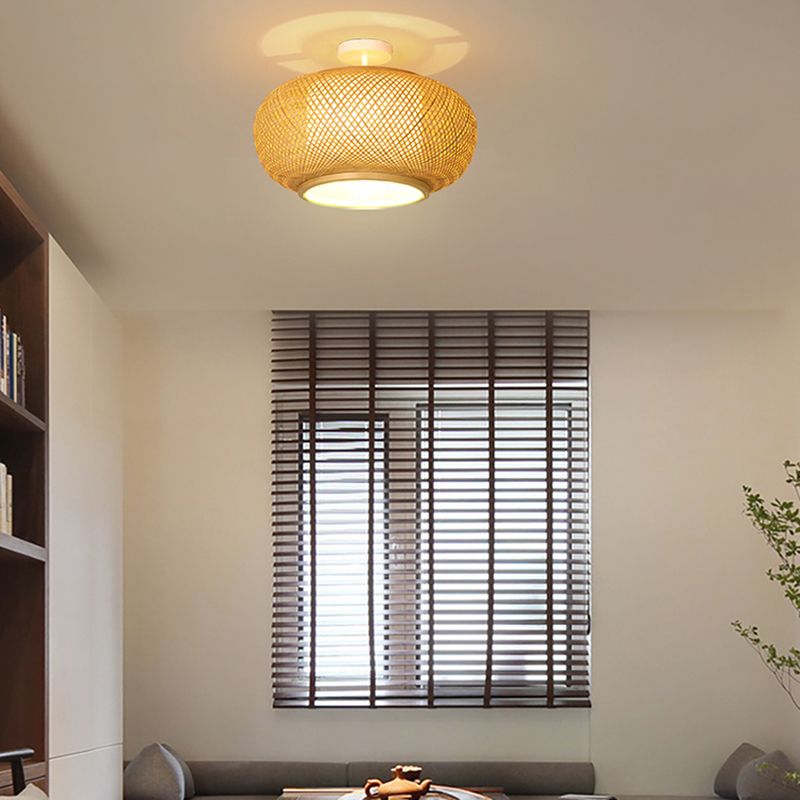 Luminaire rond en bambou pour montage au plafond, semi-encastré beige d'Asie