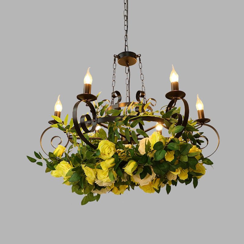 6 Bulbs Candle Pendant Chandelier Industrial Black Metal LED Suspension Lighting Fixture with Rose Decoration
