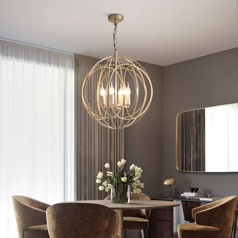 Post-Modern Metal Hanging Chandelier Light Gold Spherical Cage Shade Ceiling Chandelier for Dining Room