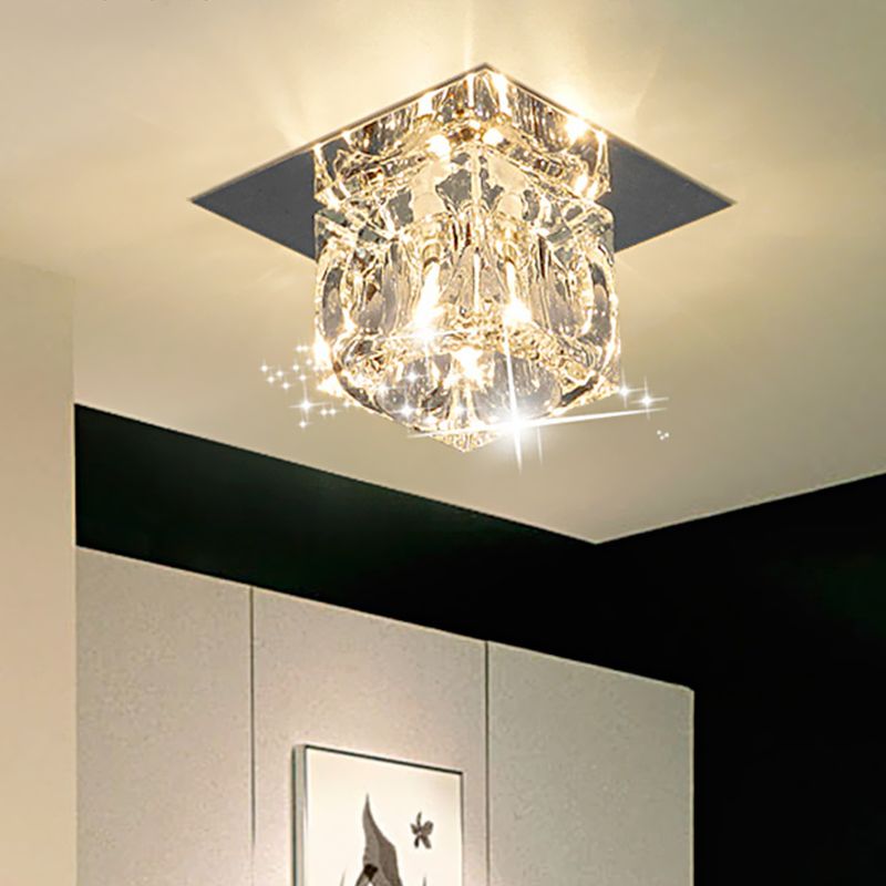 Lámpara empotrada cuadrada de cristal biselado, lámpara LED minimalista cerca del techo en cromo, luz blanca/cálida