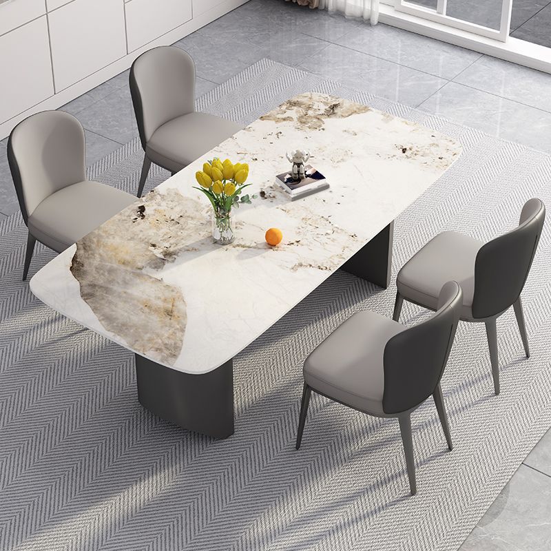 White Stone Top Dining Table Rectangular Tabletop with Metal Double Pedestal Base