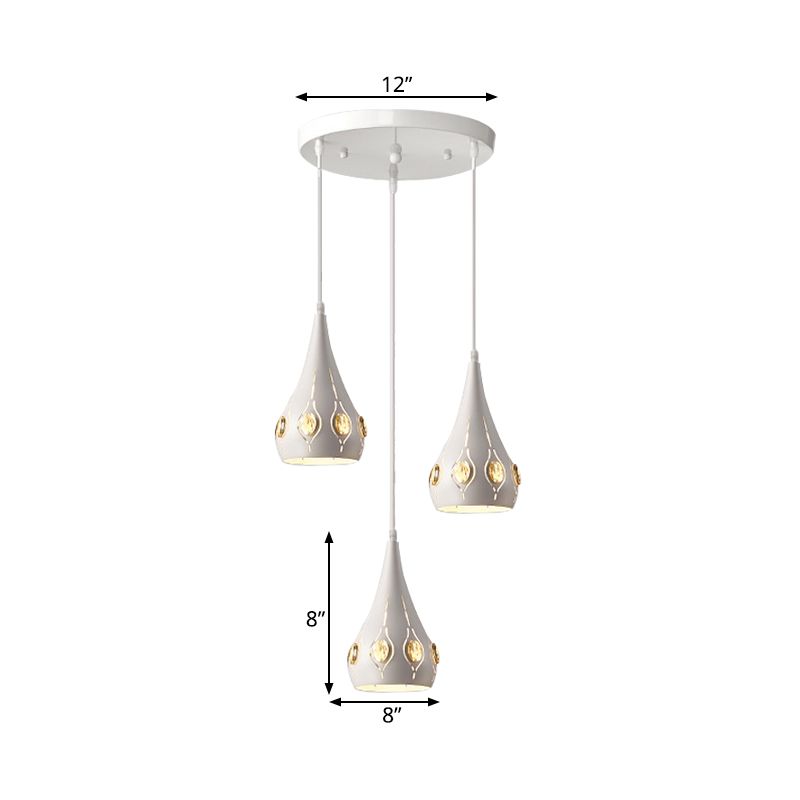 Teardrop Iron Multi Light Pendant Light Minimalist 3 Bulbs White Suspension Lamp with Crystal Block Accent