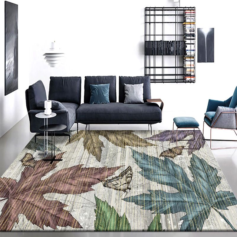 Gray Modern Rug Polyester Leaves Rug Non-Slip Backing Rug Washable for Home Decor