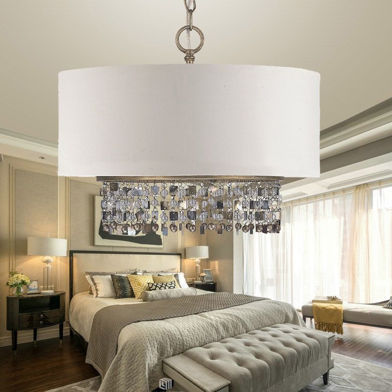 Stof witte afwerking plafond kroonluchter trommelschaduw 5-lichte platteland hanglamp met kristallen druppel met kristallen druppel