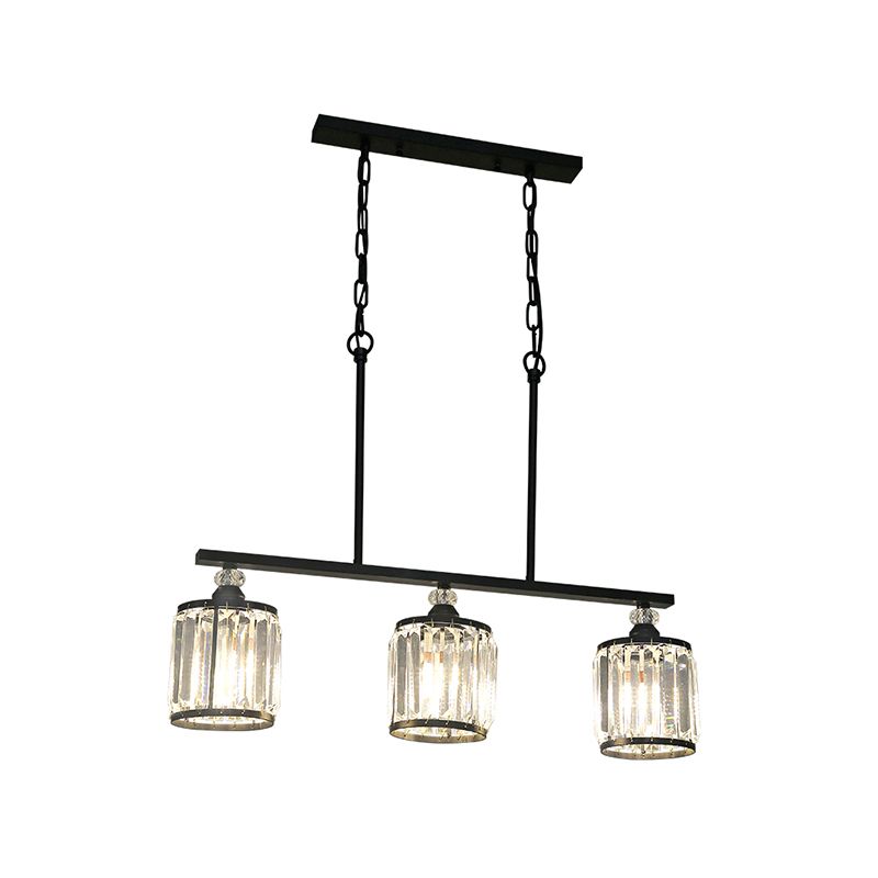 Industrial Cone/Cylinder Island Lighting Clear Crystal 3 Lights Pendant Light in Black for Dining Room