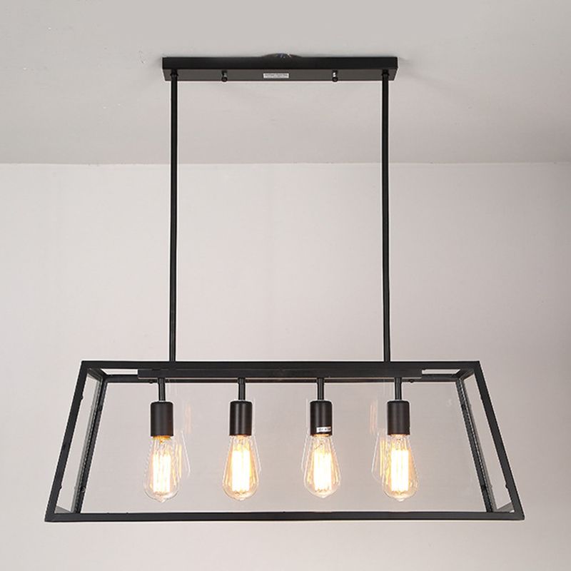 Industrial Metal Island Light Black 4 Lights Island Pendant with Glass for Dining Room