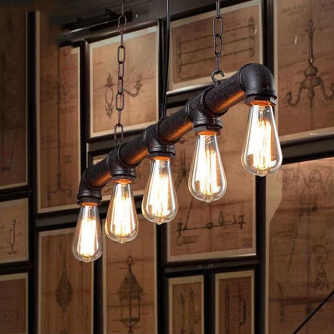 Linear Shape Pendant Light Modern Style Metal 5 Lights Hanging Lamp in Black/Rust
