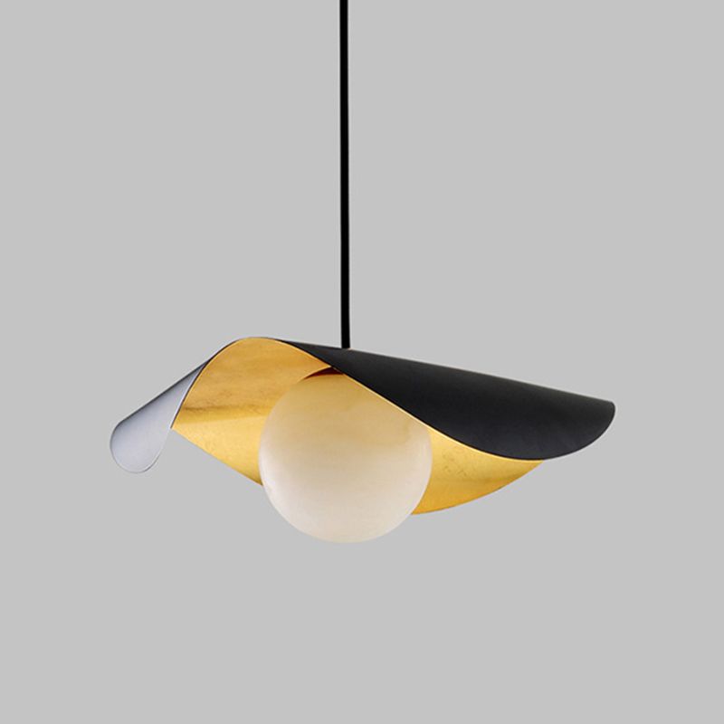 Black and Gold Inner Ruffle Pendant Postmodern 1 Bulb Faux Marble Hanging Light with Ball Glass Shade