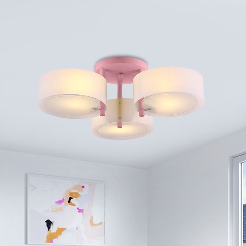 Macaron Semi Flush Mount Light Trum Shade 3 Luci in vetro smerigliato Lampada per camera da letto per bambini