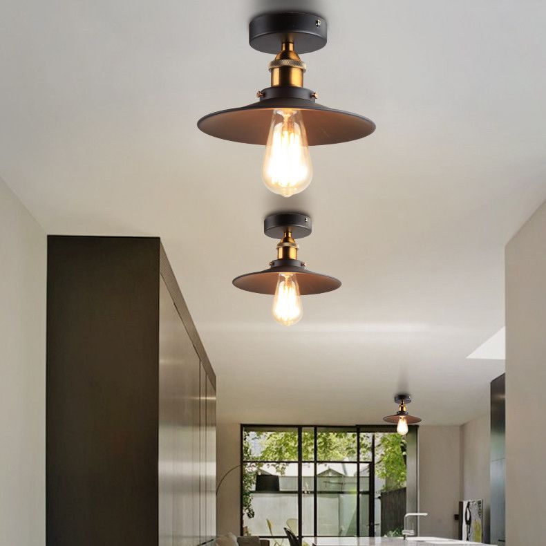 Metal Conical Semi Flush Mount Light Industrial Aisle Semi Mount Lighting in Black