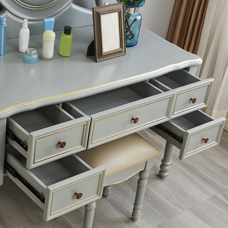 Mirror Desk Furniture 2 Drawer Blue Vanity with Padded Stool